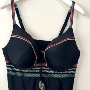Black Embroidered Tankini Swim Top w/ Underwire & Tassel Detail